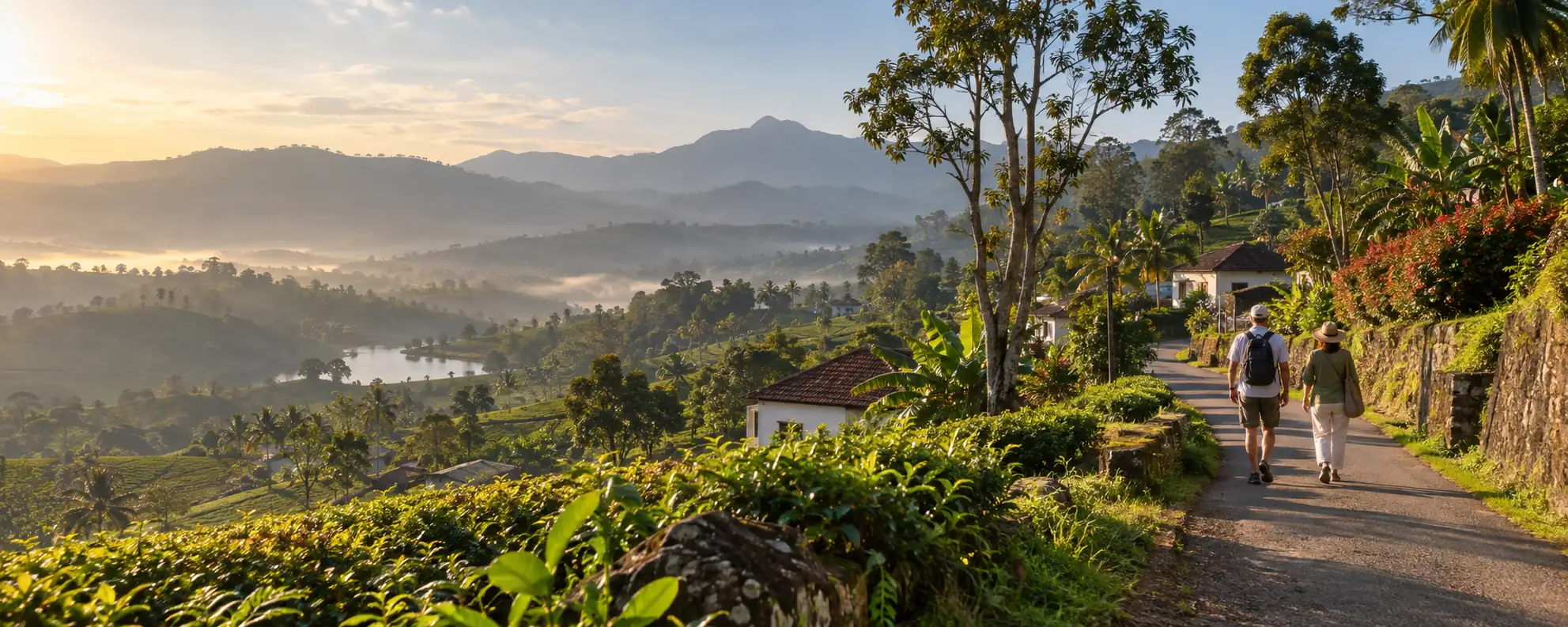Travellers walking through Sri Lanka’s hill country