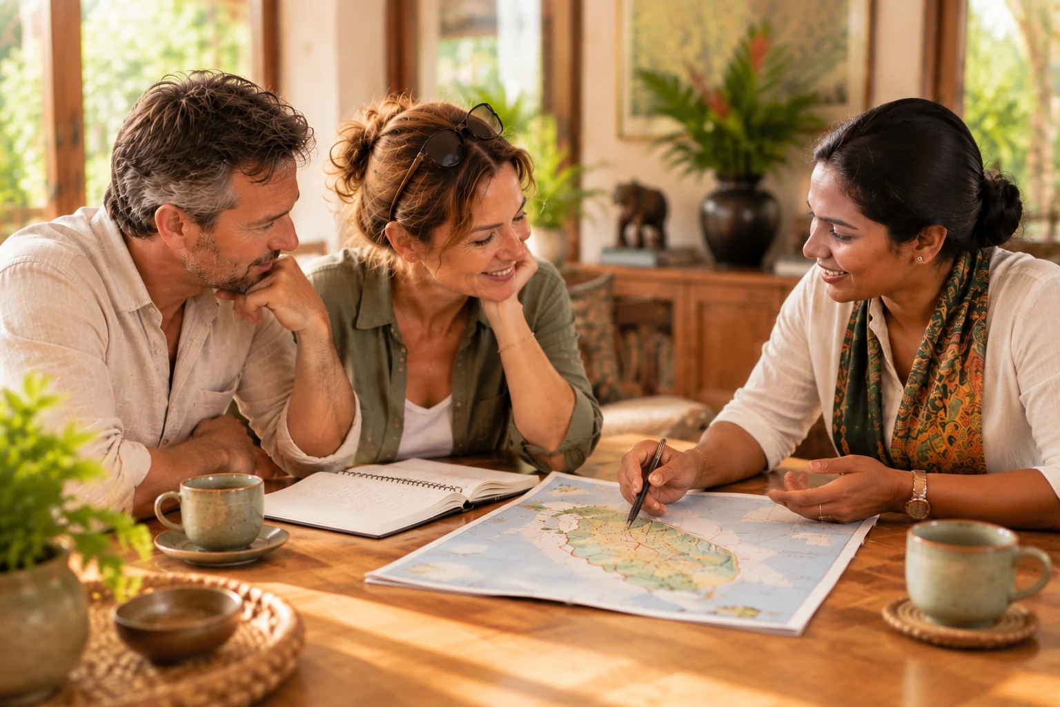 Travellers discussing a Sri Lankan journey with a local travel consultant over a map